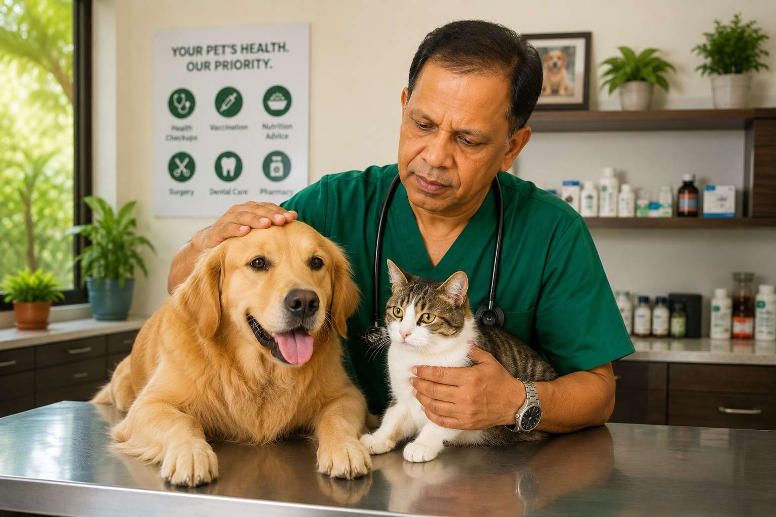 Caring veterinarian holding a happy dog during a health check